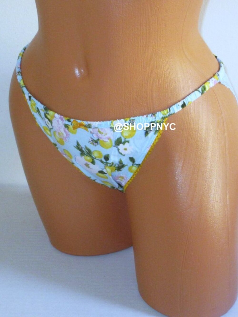 VICTORIAS SECRET Satin Lace String Bikini Panty Blue Yellow Lemon Floral Size M